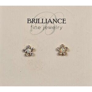 14k Yellow Gold, Opal, &‎ CZ Flower Stud Earrings